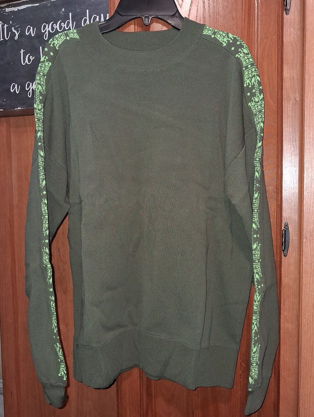 Royalty By Maluma Men's Olive Green Crewneck Sweater with Neon Green Accent NWT
